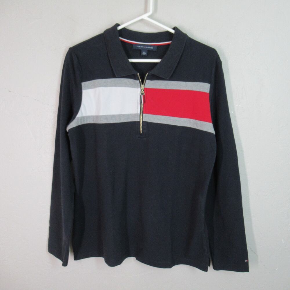 Tommy Hilfiger Top Women Large Navy Blue Red White Stripe Pullover Zip Long Slv